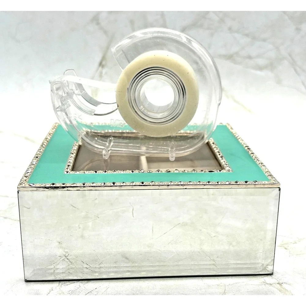 Nicole Miller Hollywood Regency Style Mirrored Trinket Box Seafoam Enamel EUC‎